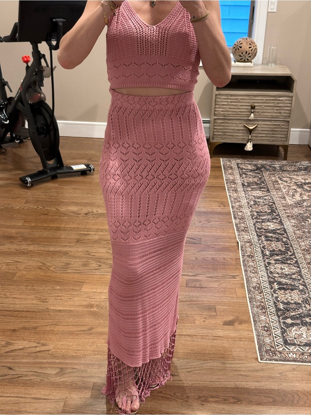 House of Harlow 1960 Pink Crochet Maxi Skirt Set